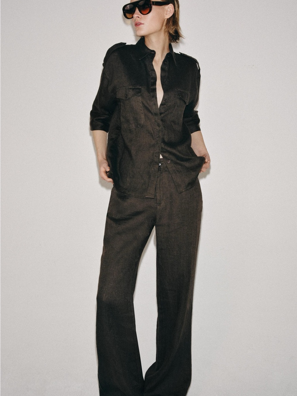 NWT Zara Relaxed Linen shirt Brown - Picture 2 of 7